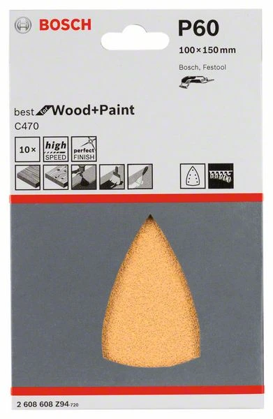 Bosch Schleifblatt C470 Für Deltaschleifer, 100 X 150 Mm, 60, 7 Löcher, 10er-Pack (2 608 608 Z94)