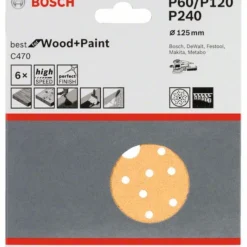 Bosch Schleifblatt C470, 125 Mm, 60, 120, 240, Multilochung, Klett, 6er-Pack (2 608 608 X80)